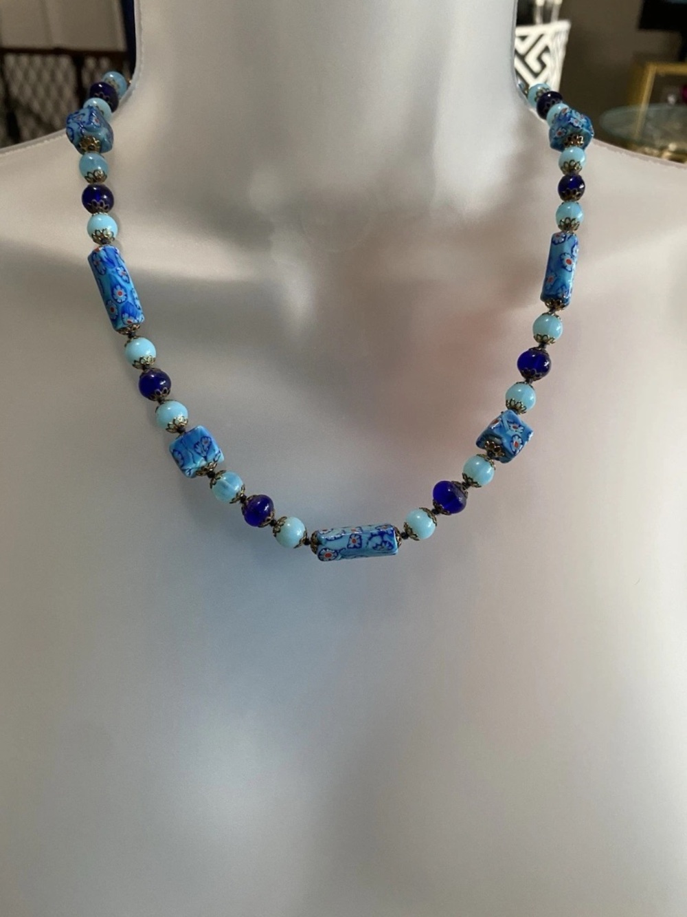 Handmade Blue Millefiori Glass Bead Necklace/Earring set, VINTAGE from ITALY MCM